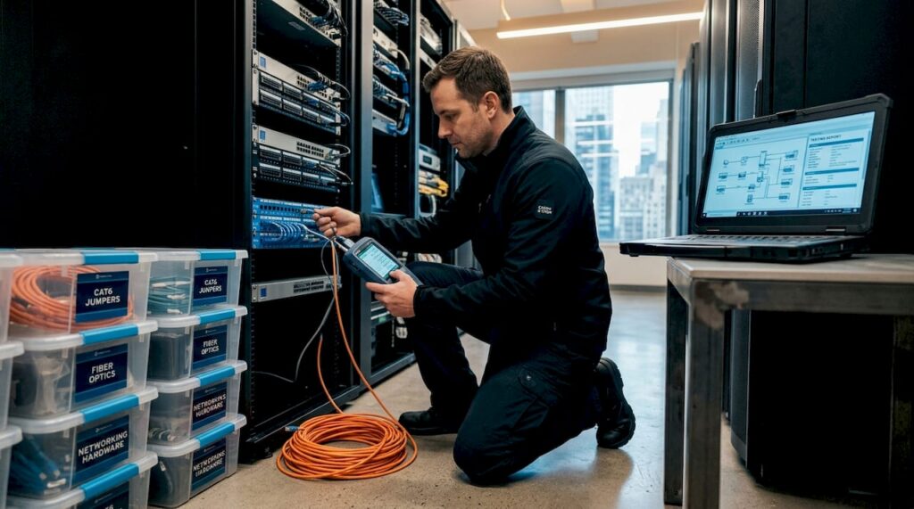 Technician testing Cat6 cable run in NYC office