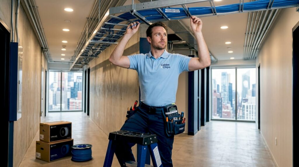 Technician installing CAT6 cables in NYC office