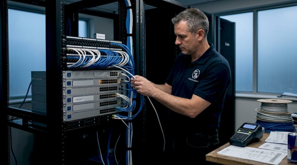 IT technician routing cables in server rack