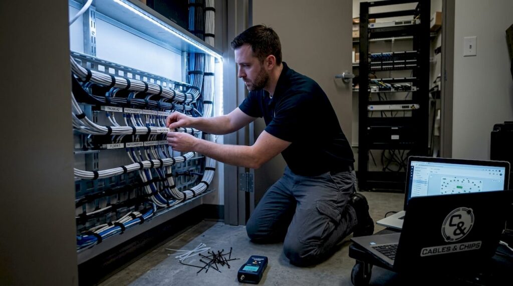 Technician installing organized CCTV cabling in utility closet