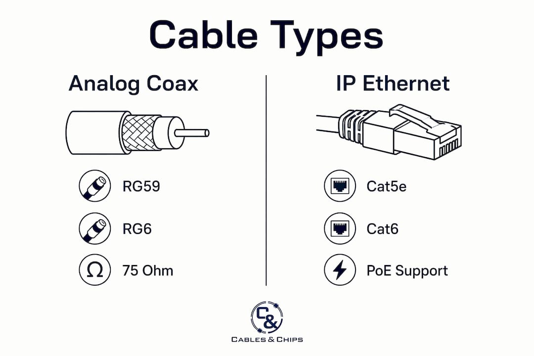 Infographic comparing analog coax and IP ethernet cables