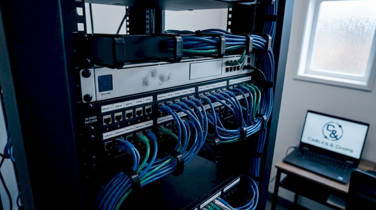 Close-up of fixed patch panel with patch cords