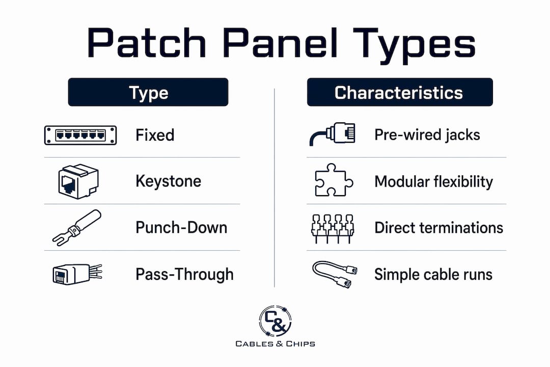 Infographic comparing patch panel types and characteristics