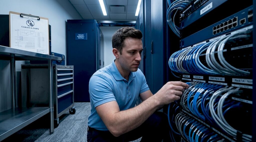 Technician working inside a network closet with patch panels
