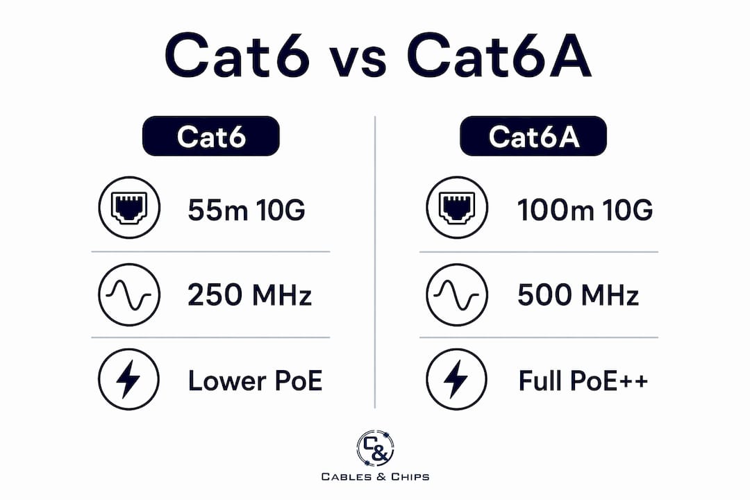 Infographic comparing Cat6 and Cat6A specifications