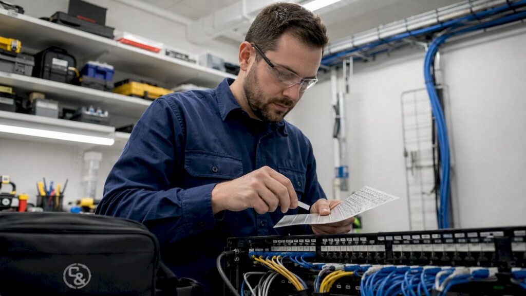 Technician applying labels to a structured cabling patch panel
