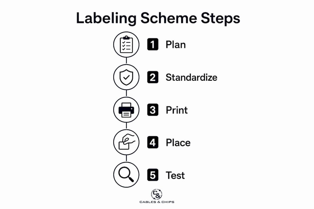 Infographic showing five key steps of a patch panel labeling scheme
