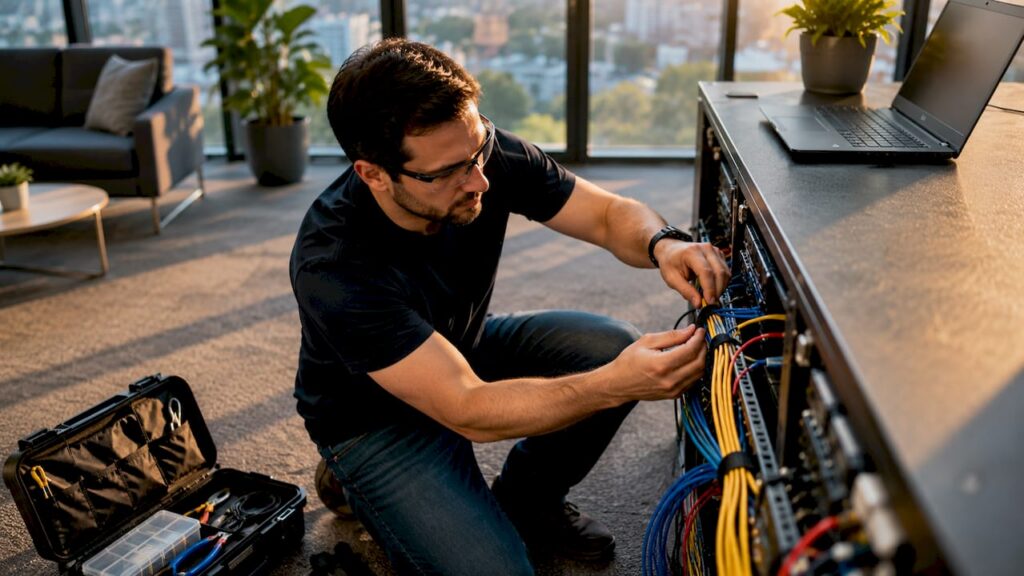 Technician bundling server rack cables neatly