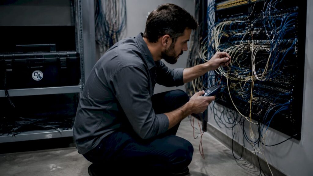 Technician inspecting poor network cabling in server room