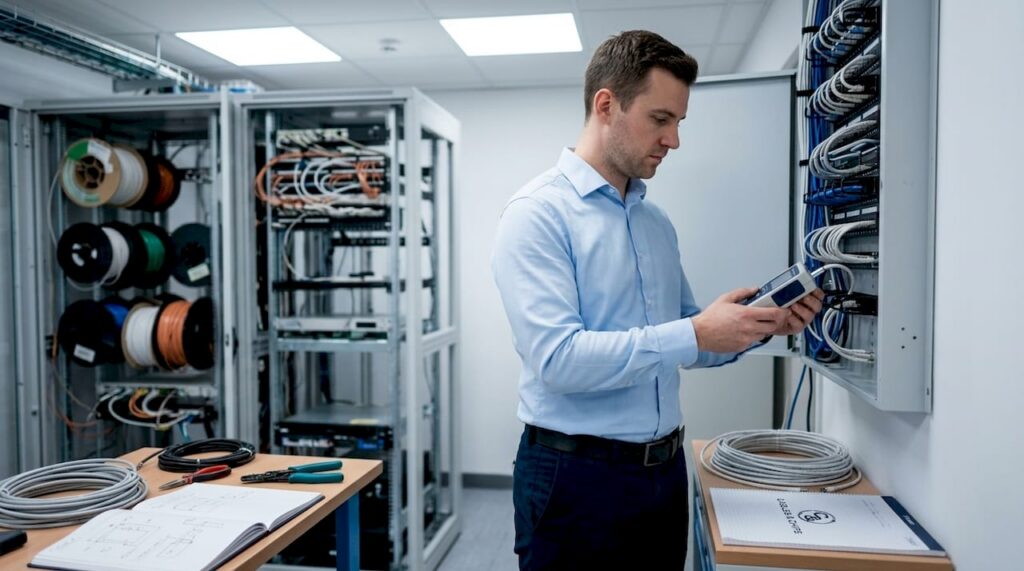 IT professional inspecting structured cabling panel