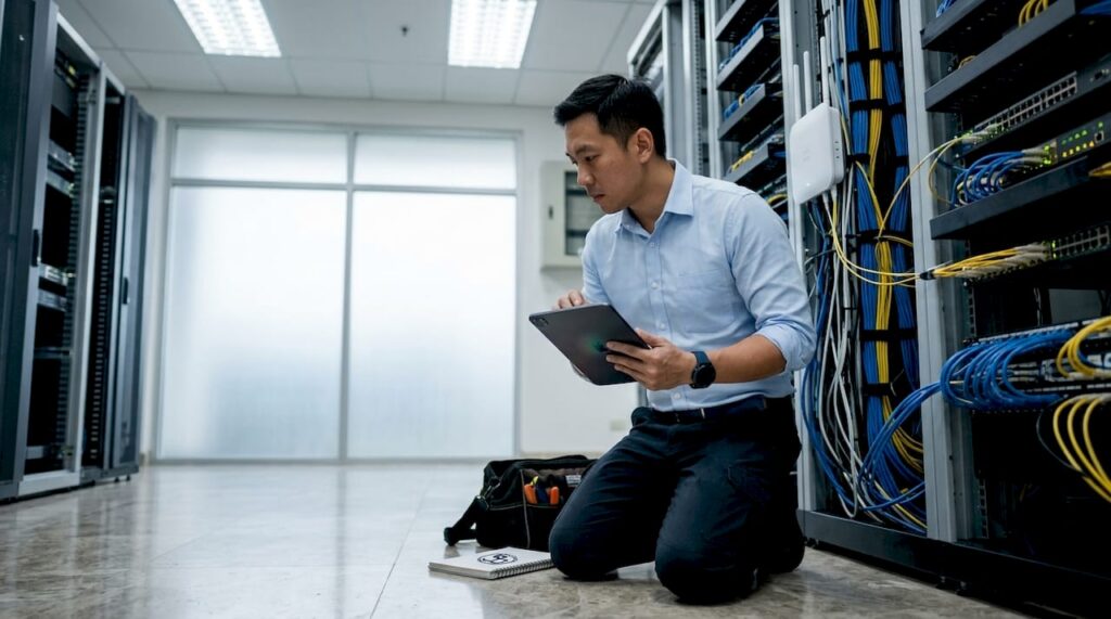 Network engineer checking wired wireless infrastructure