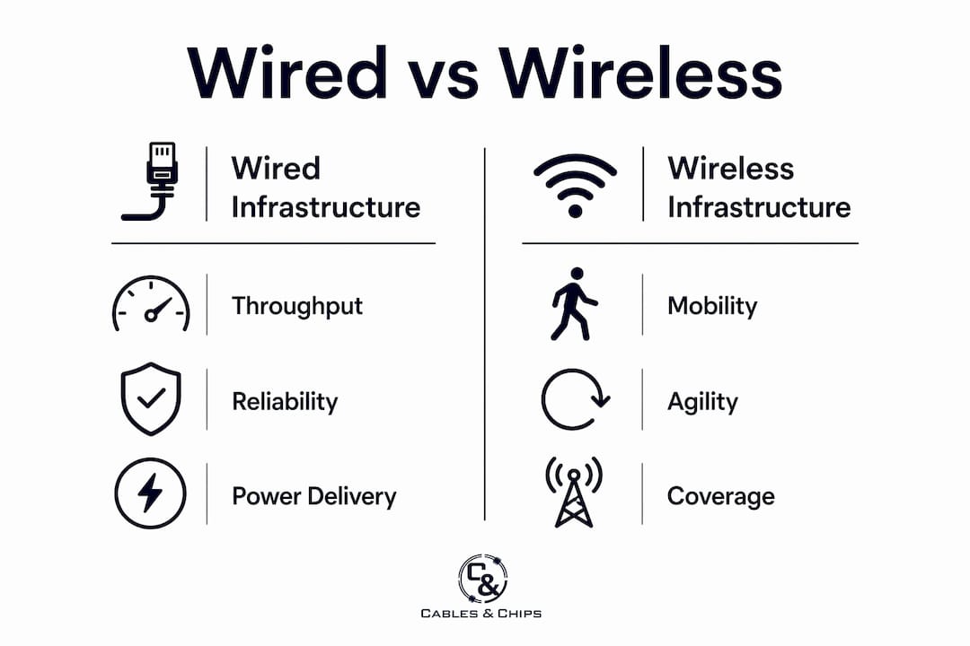Infographic comparing wired and wireless network infrastructure
