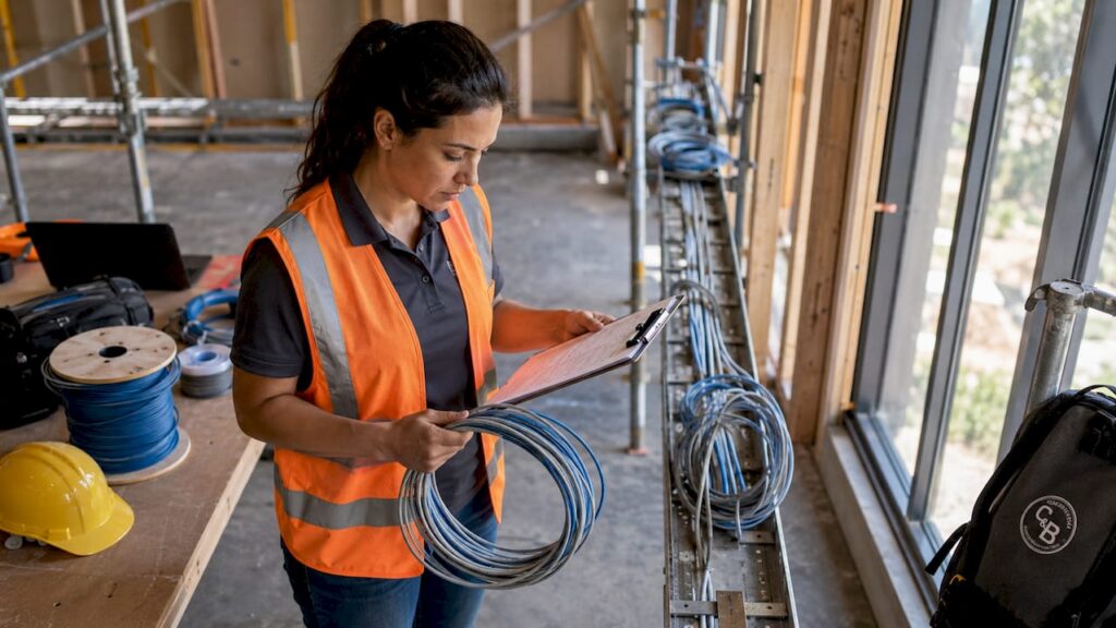 Engineer inspecting structured cabling in office buildout