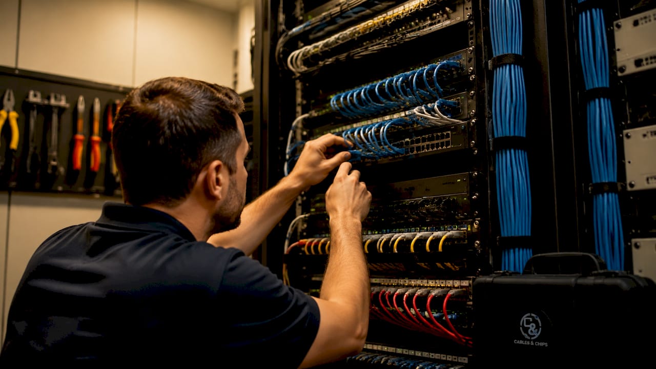 Neatly organized structured wiring rack close-up
