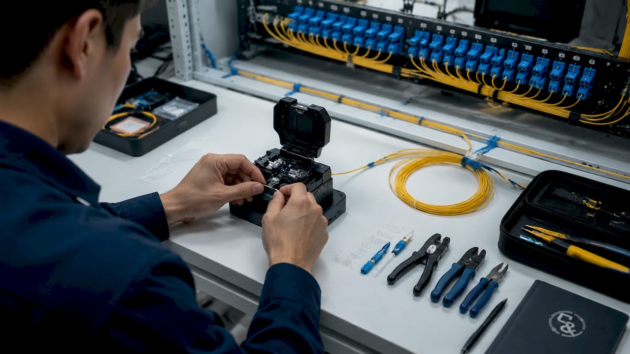 Technician splicing fiber optic cables close-up