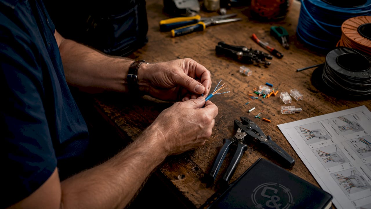 Hands assembling copper category cables with tools