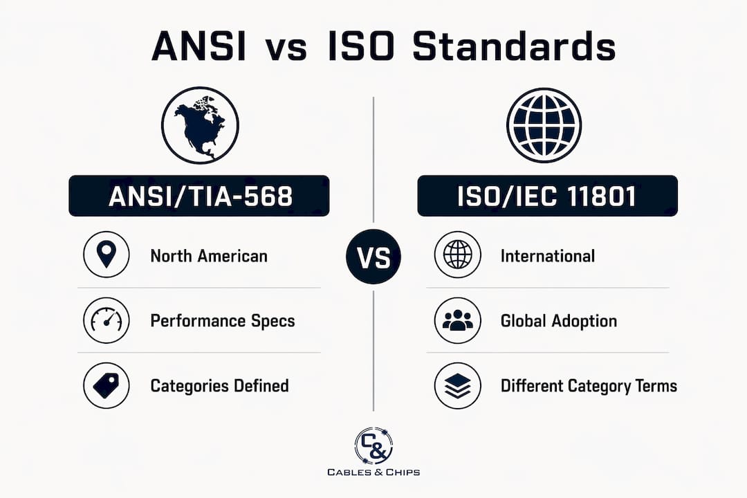 Infographic comparing ANSI and international cabling standards