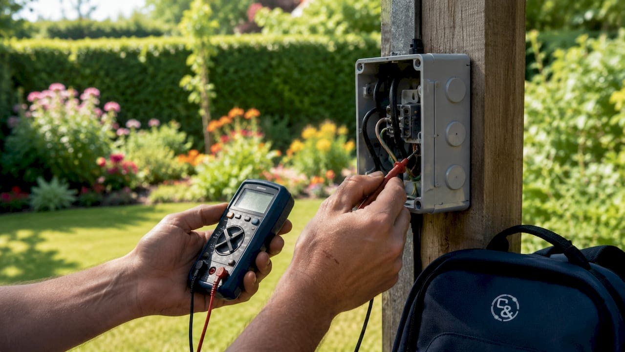 Hands testing cable continuity with multimeter