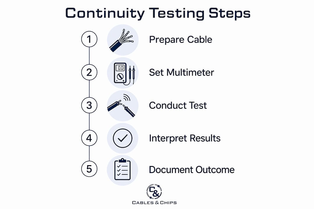 Infographic illustrating cable continuity testing steps