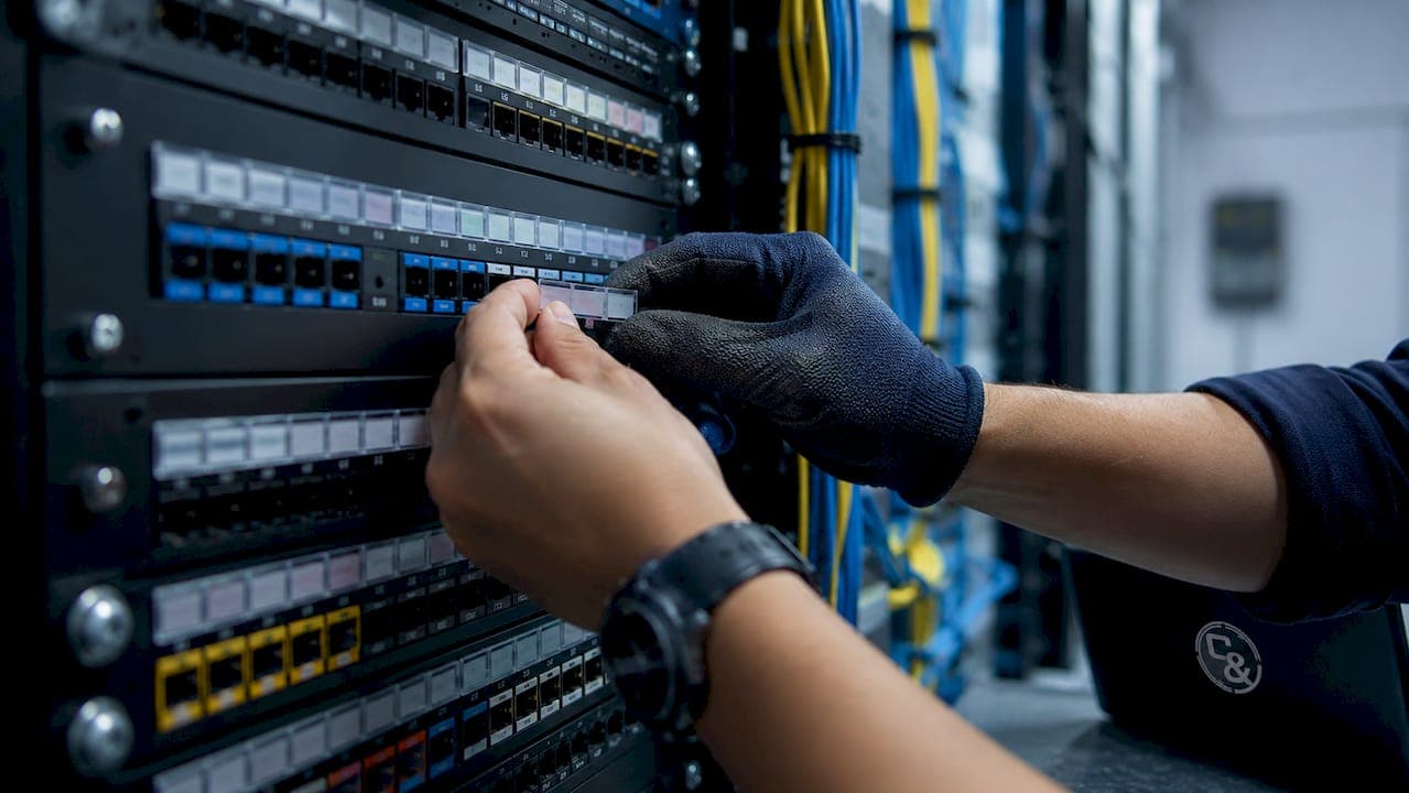 Hands applying cable labels on patch panel ports