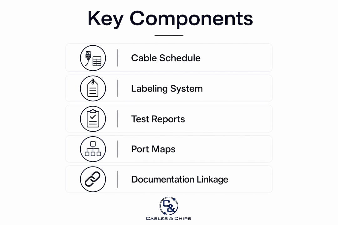 Infographic illustrating key components of cabling documentation