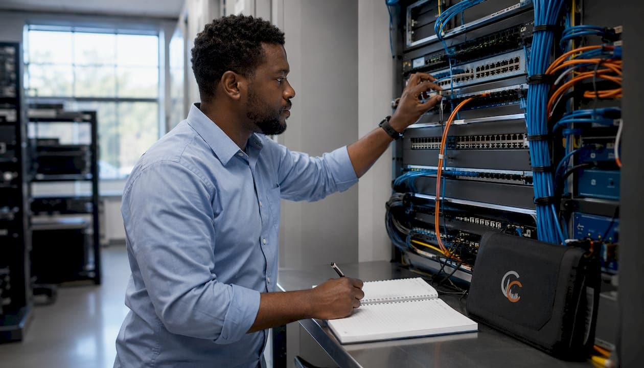 Technician documenting network cable drops