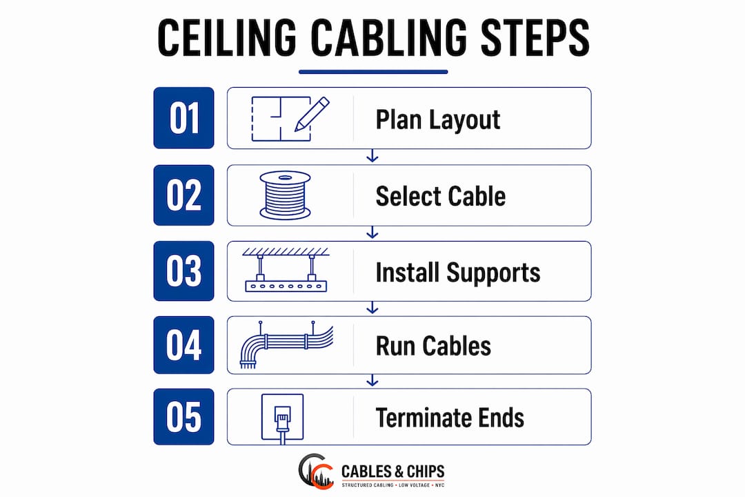 Infographic showing steps for low voltage ceiling cabling