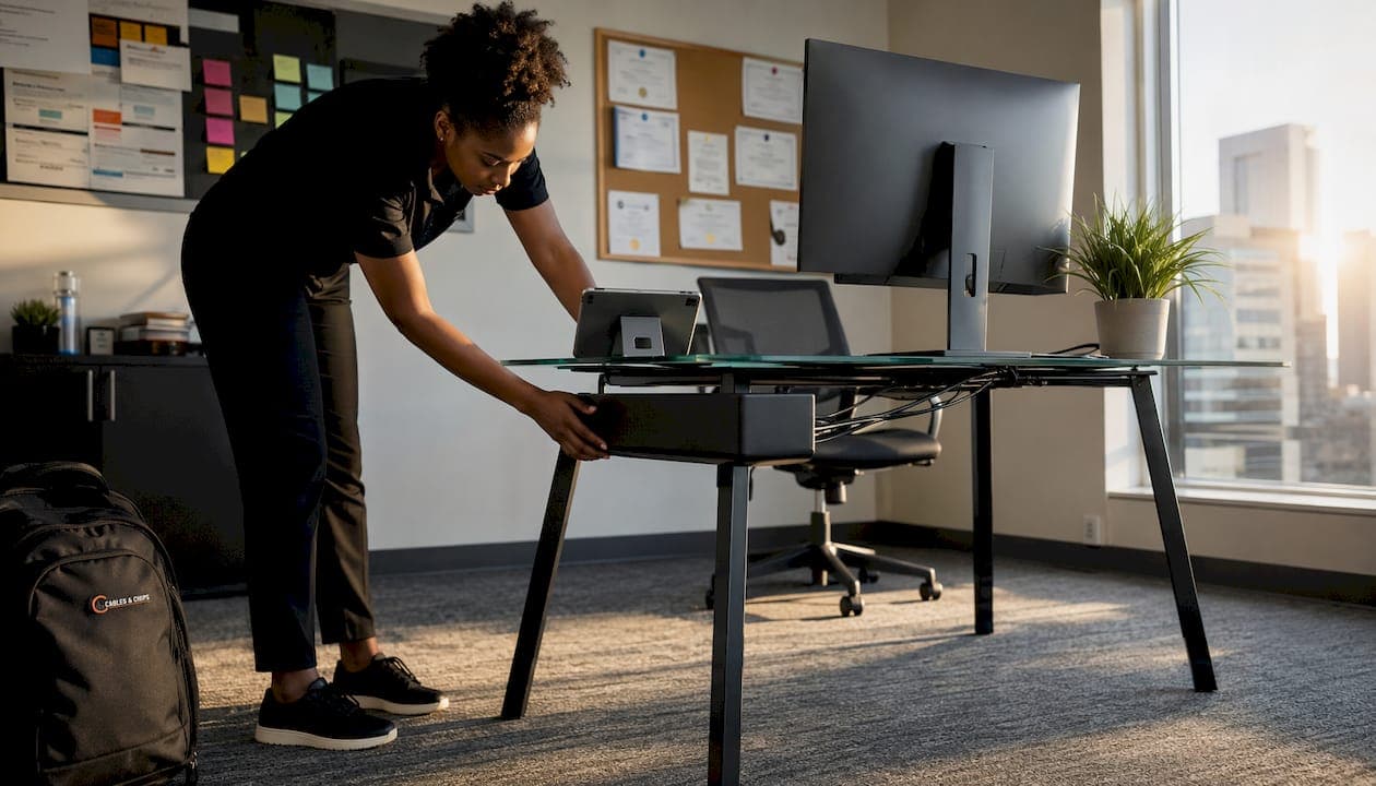 IT professional working at tidy desktop cable setup