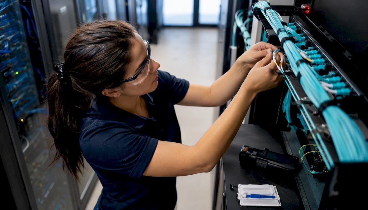 Engineer installing multimode fiber cables