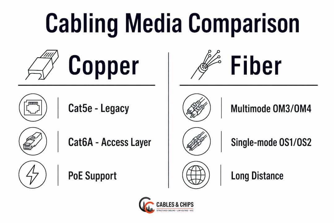 Infographic comparing copper and fiber data center cabling types with features