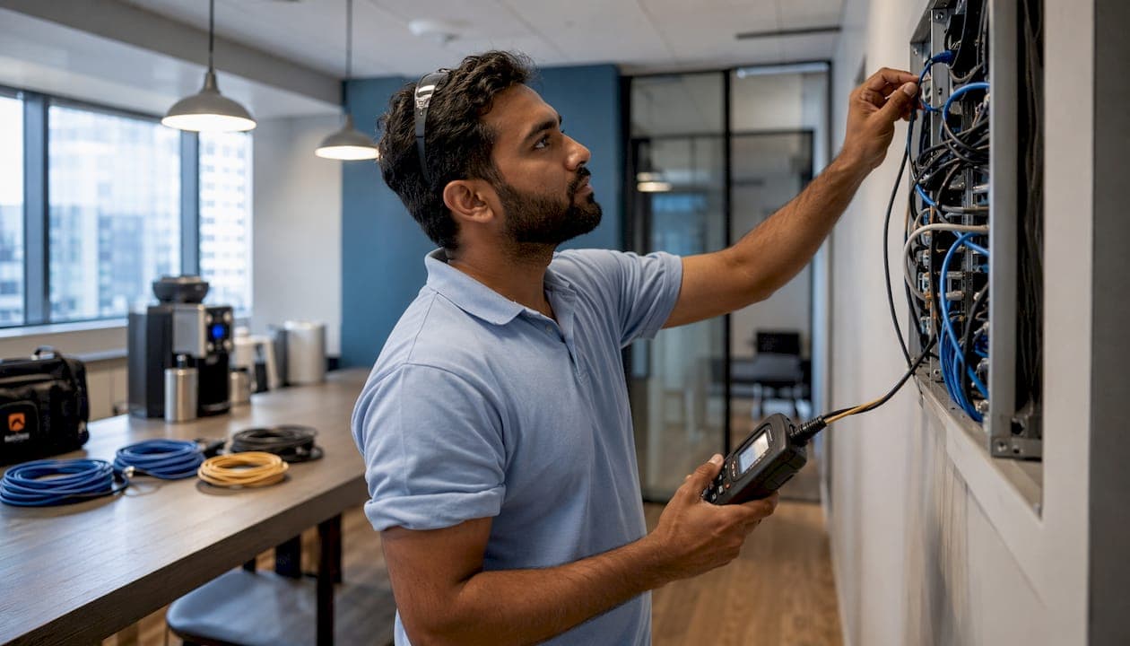 IT manager inspecting AV system cabling in office
