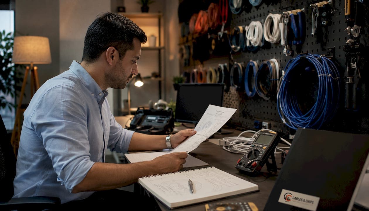 Technician hands with AV cabling specification tools