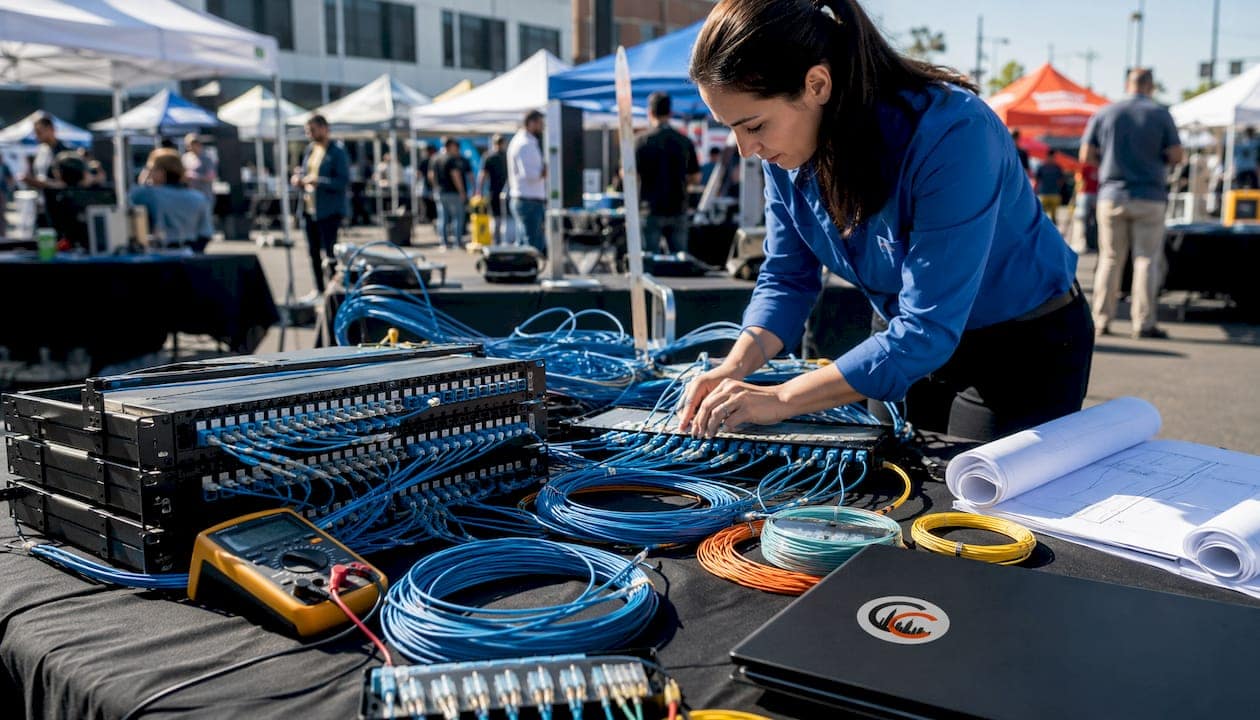 Hands arranging structured cabling components