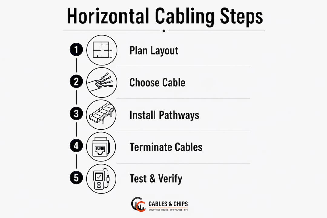 Infographic showing horizontal cabling installation steps