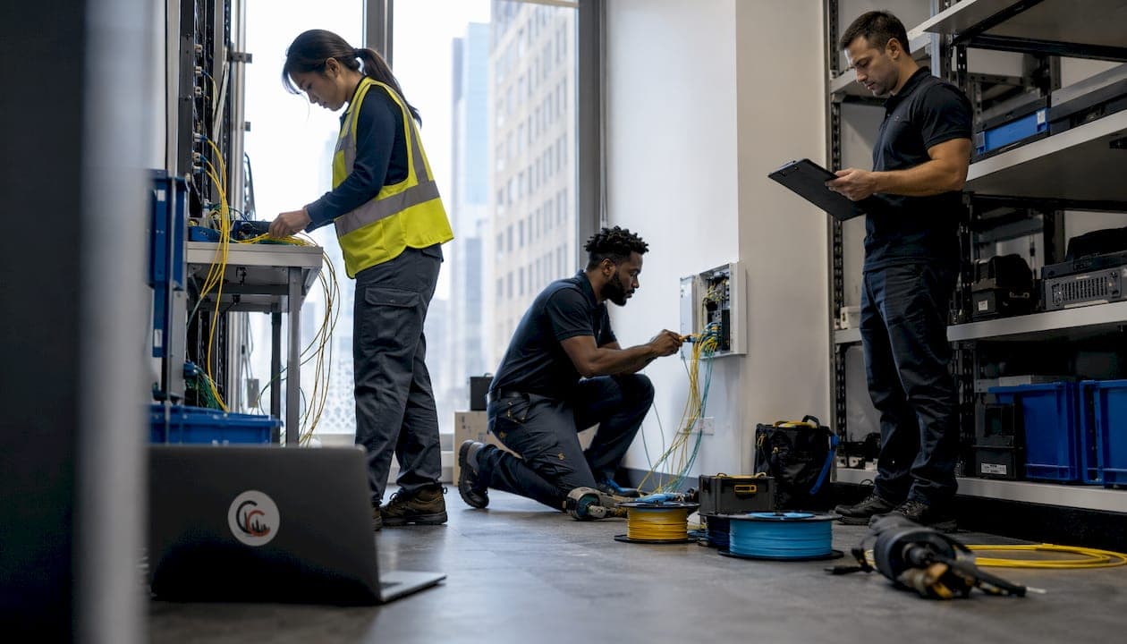 Technicians installing network cabling in NYC building
