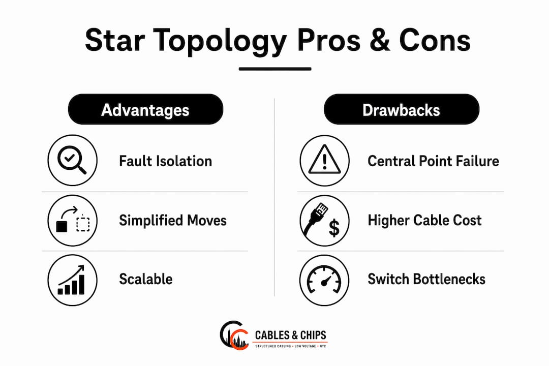 Infographic outlining star topology pros and cons
