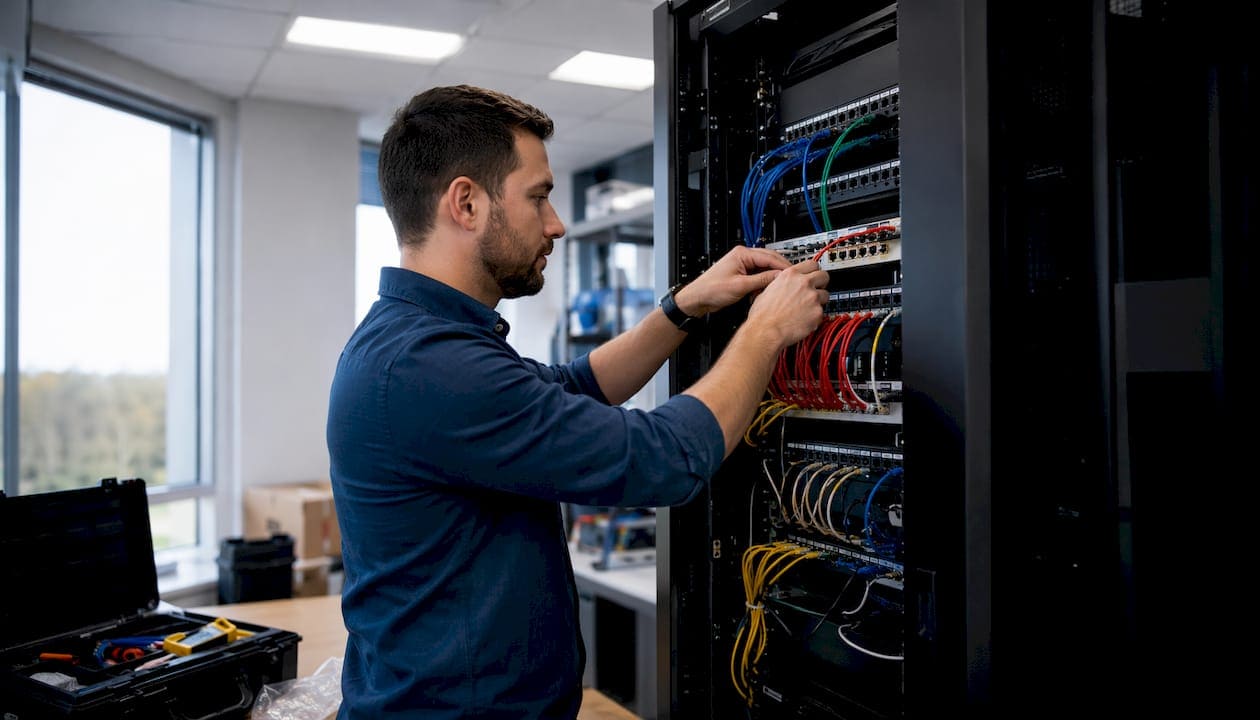 Hands installing network cables in server rack