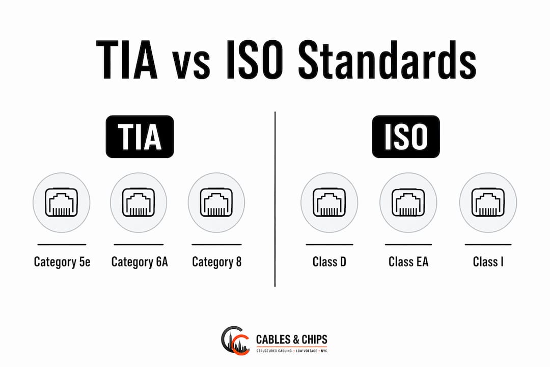 Infographic comparing TIA and ISO cabling standards categories and classes