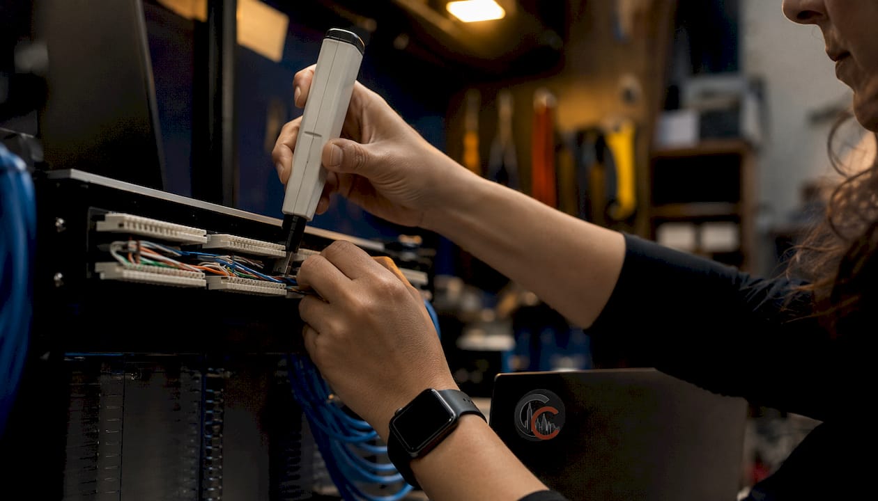 Hands terminating wires on punch-down panel