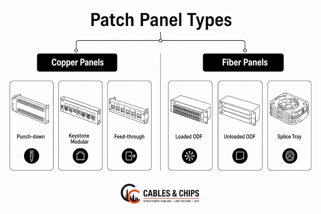 Infographic comparing copper and fiber patch panel types