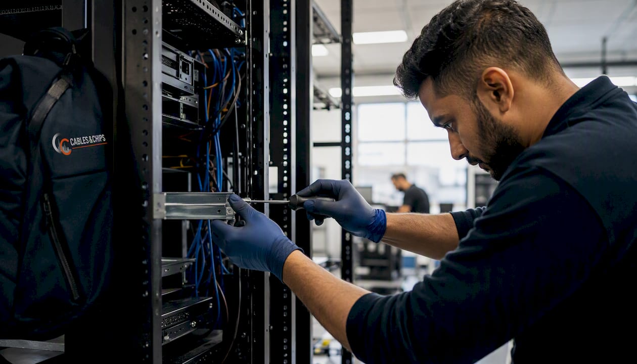 Technician installing server in open-frame rack