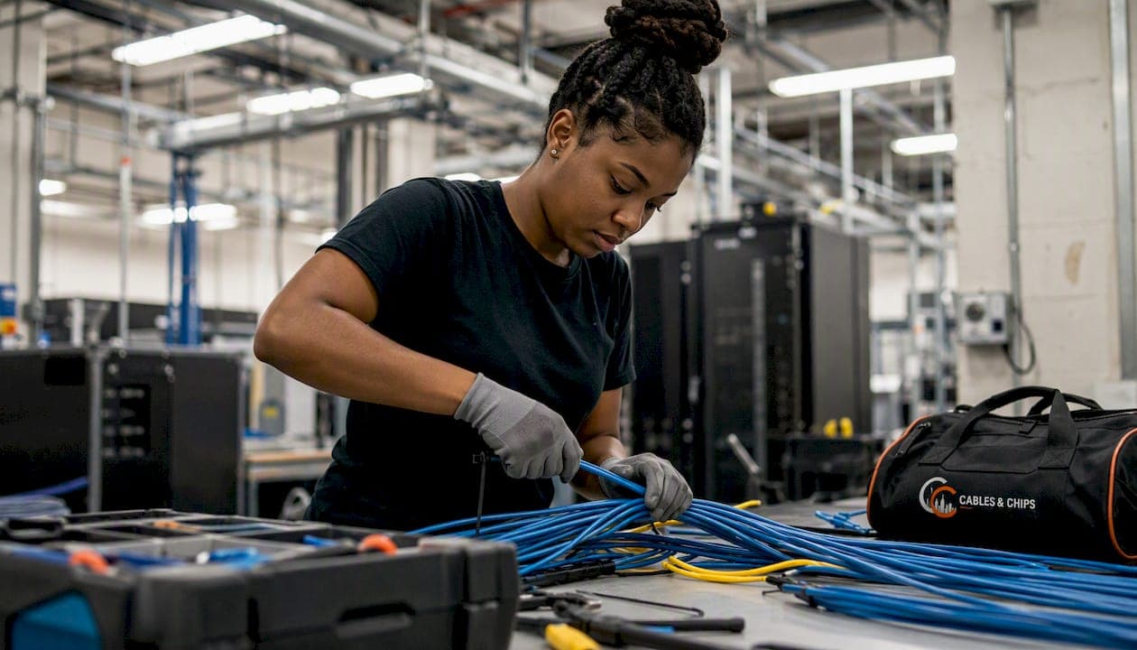 Hands bundling Ethernet cables in conduit