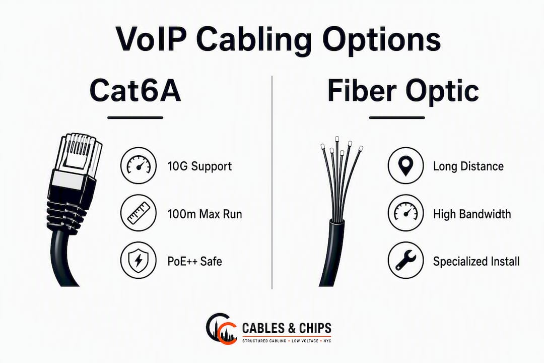 Infographic comparing Cat6A and Fiber Optic cables for VoIP