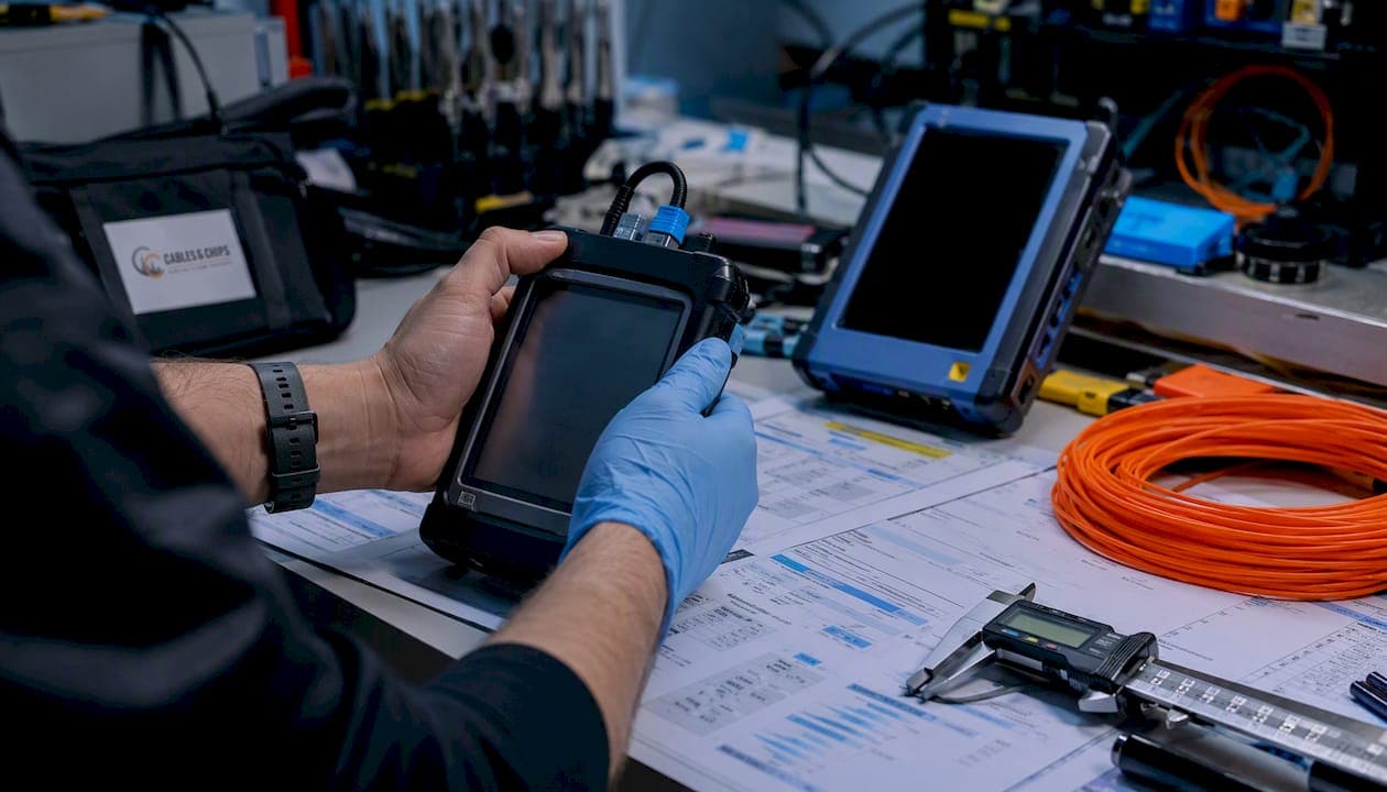 Hands holding cable certifier on technical workbench