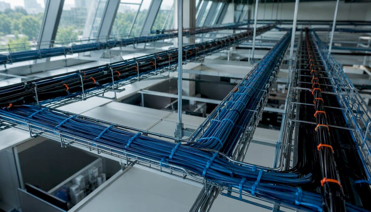 Neatly arranged cable trays in office ceiling