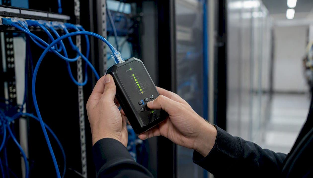 Technician using cable certification tester on network cable