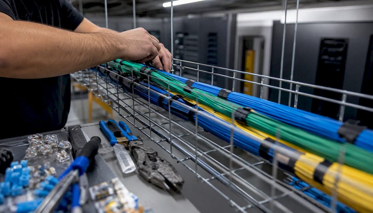 Hands installing structured network cables in ceiling