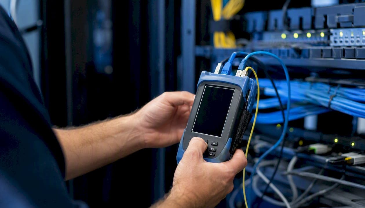 Hands testing telecom cables with tester