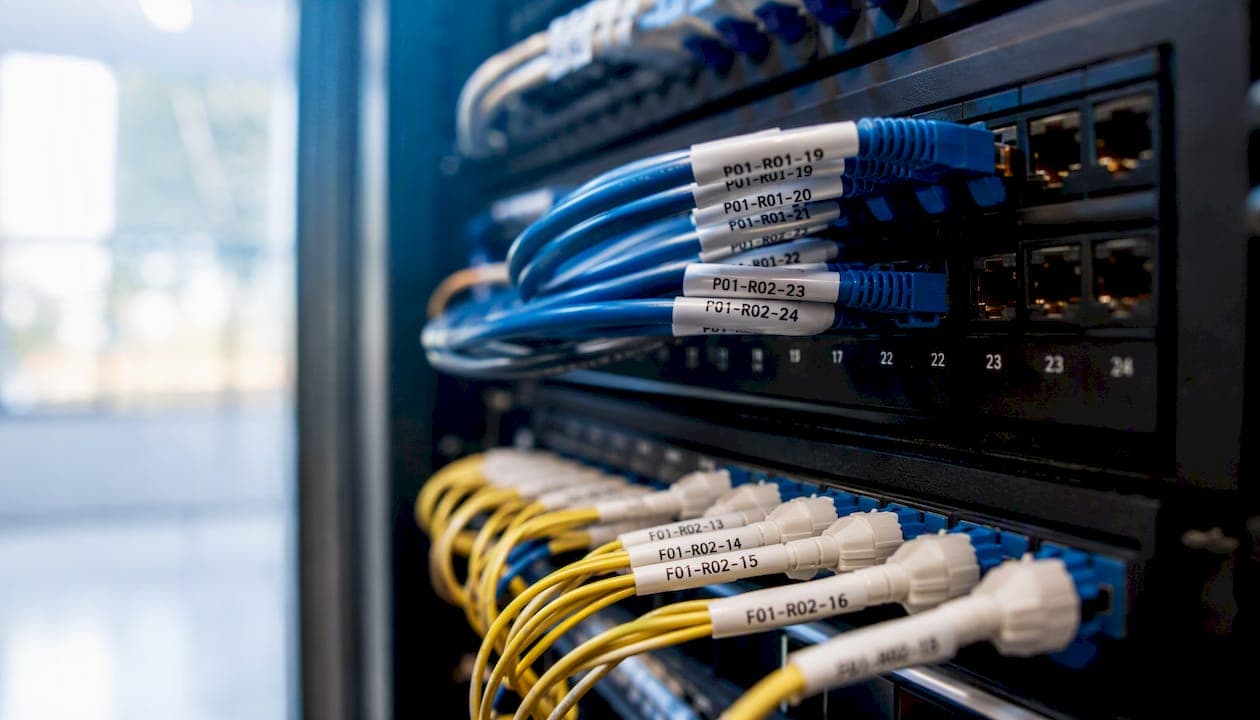 Close-up of heat-shrink cable labels on patch panel