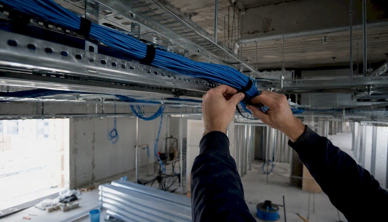Hands pulling and organizing office cabling overhead